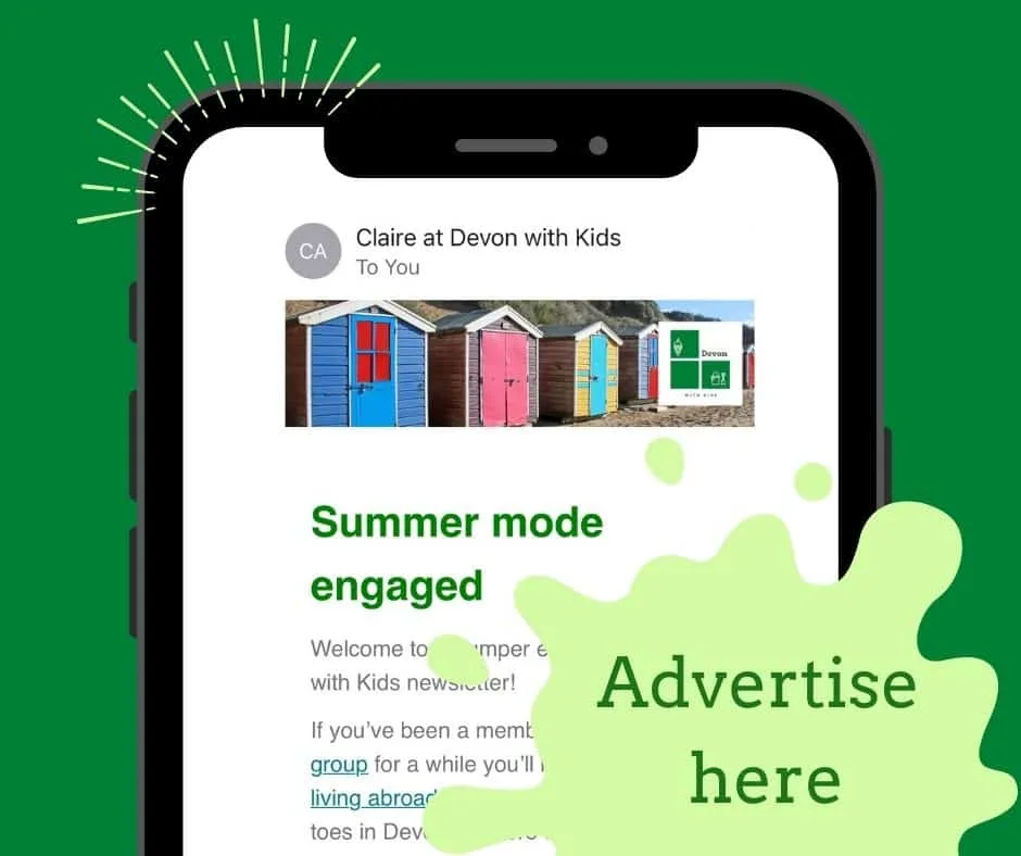 Graphic of a mobile phone showing the Devon with Kids newsletter on its screen