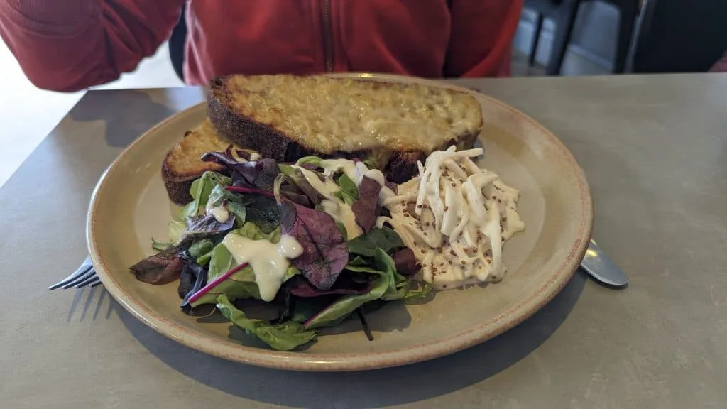 Rarebit with salad and coleslaw at Amelia's Restaurant at Cofton Holidays in Dawlish, Devon