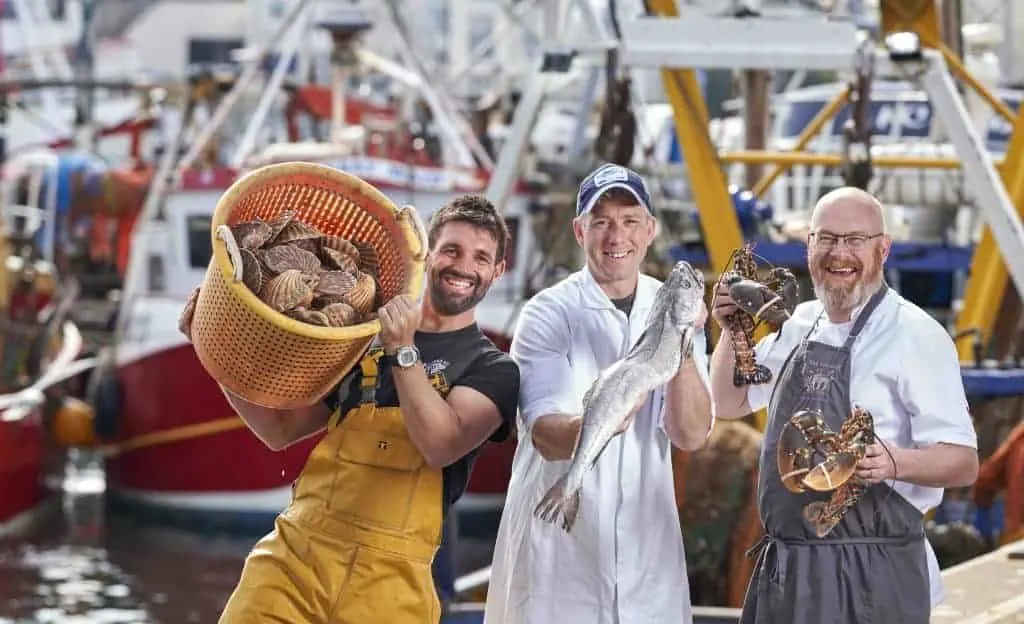 Frazer Pugh, director of The Handpicked Scallop Company, Josh Perkes, co-owner of Brixham Seafish, Simon Hulstone, chef-proprietor of the Michelin-starred Elephant Restaurant