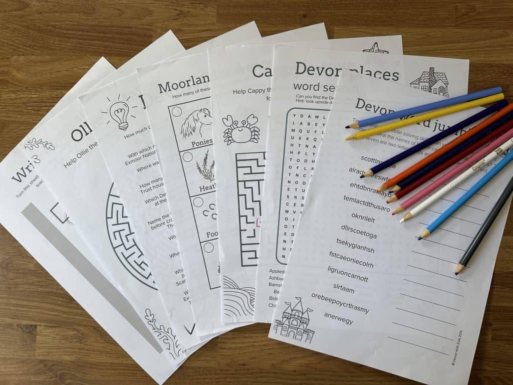 Seven of the Devon Activity Book sheets spread out in a fan with a collection of colouring pencils laid on top