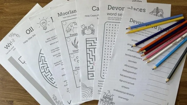 Seven of the Devon Activity Book sheets spread out in a fan with a collection of colouring pencils laid on top