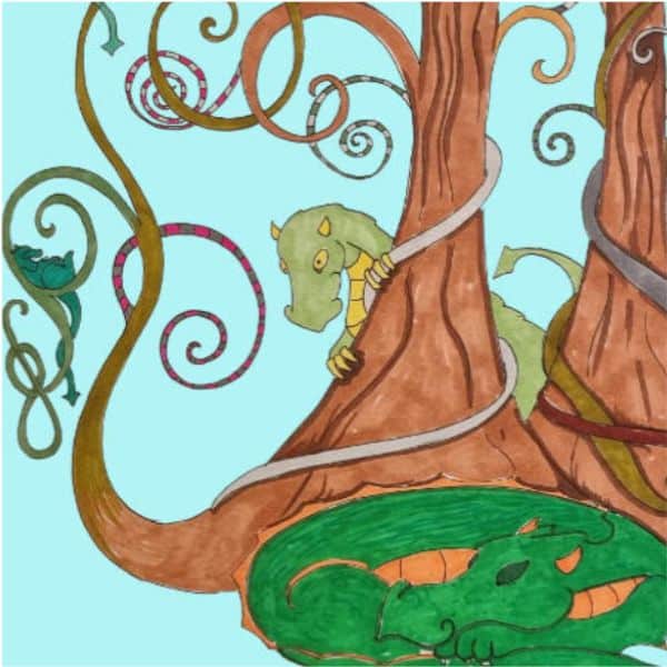 Illustration of a dragon in a woodland