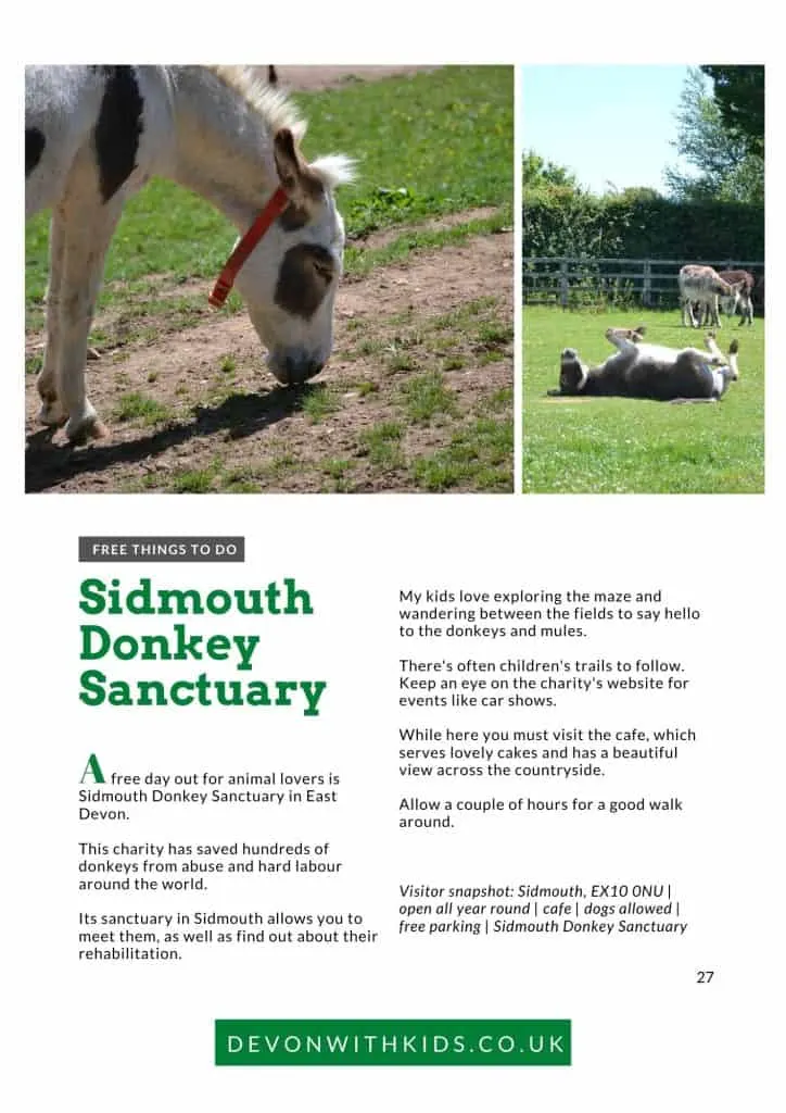 Sidmouth Donkey Sanctuary attrition page from the 2025 Days out in Devon with kids ebook 
