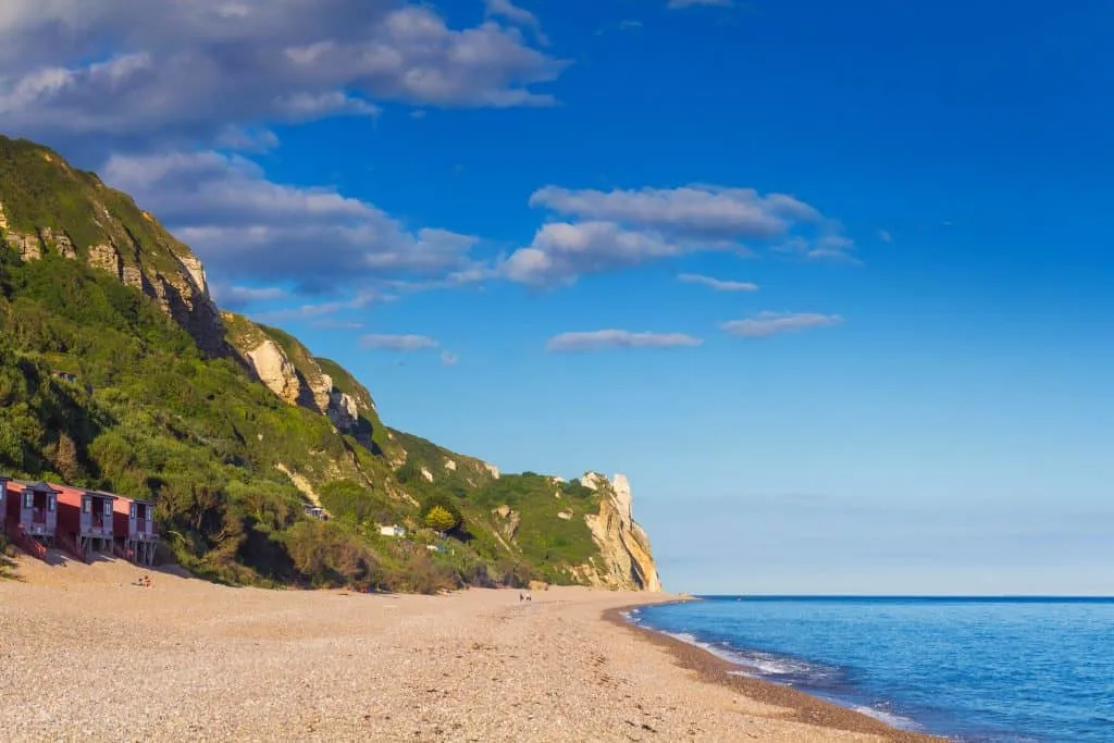 View of the beach from the cliffs of the Jurassic period near Branscombe. Devon. England