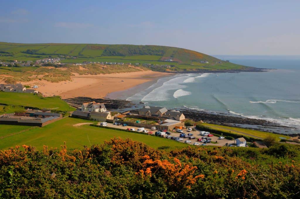 Croyde Devon UK beach in summer with blue sky