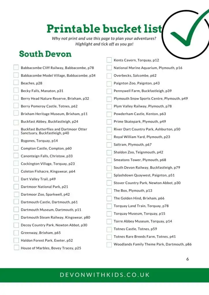 Tick sheet from the 2025 Days out in Devon with kids ebook