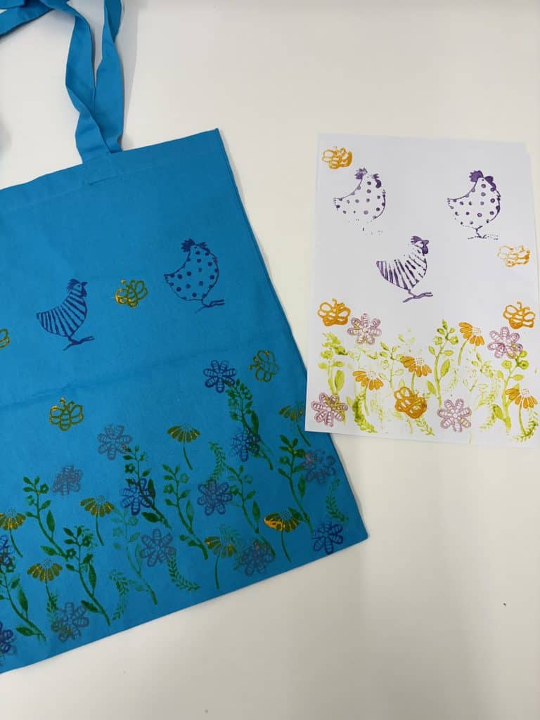 Printed jute bag and piece of paper printed with easter characters