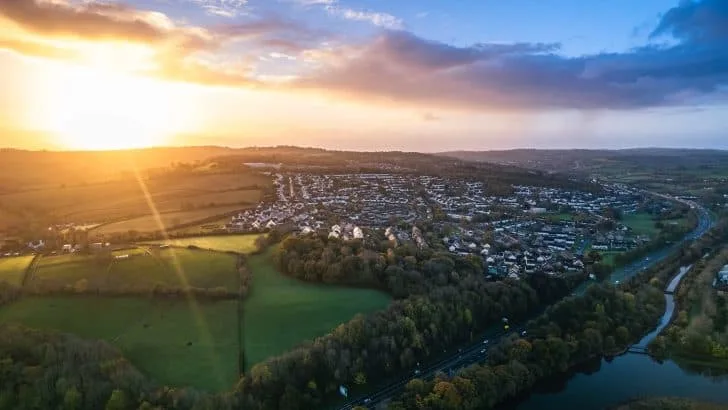 Sunrise over Newton Abbot from a drone, Devon, England, Europe