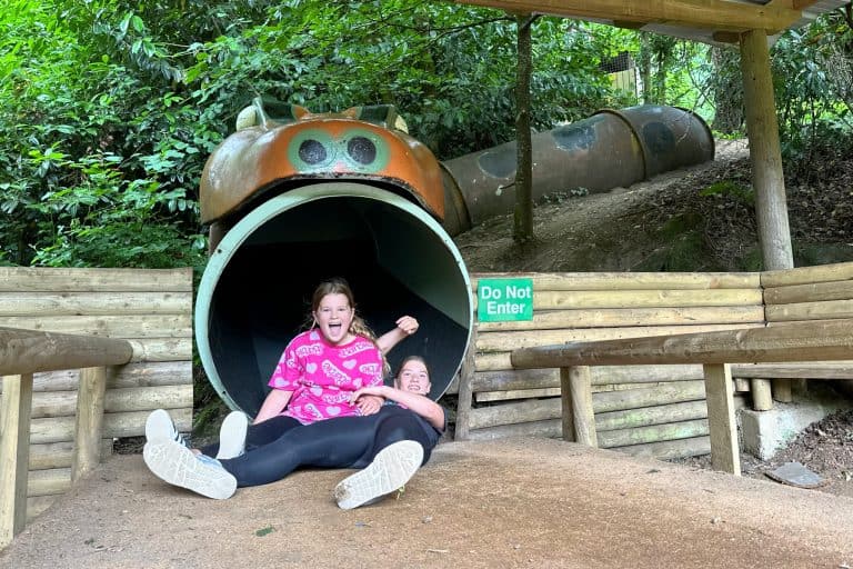 My daughters in a pile at the bottom of a snake slide at River Dart Country Park