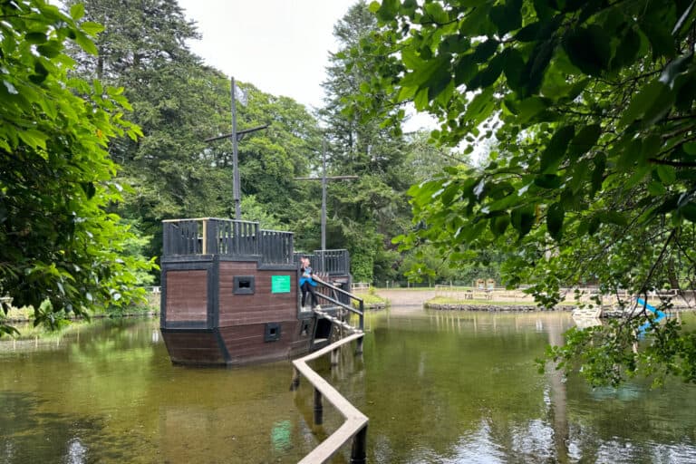 Pirate ship in the swimming lake at River Dart Country Park