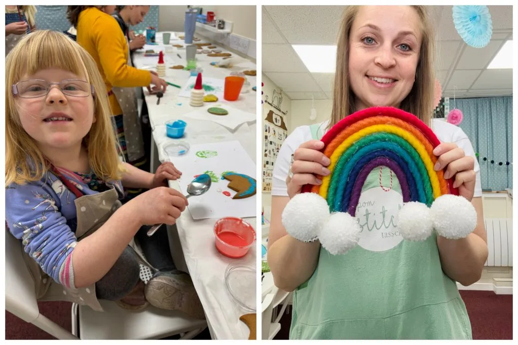 Collage of pictures showing families having fun at Pom Stitch Tassel where they were making crafts