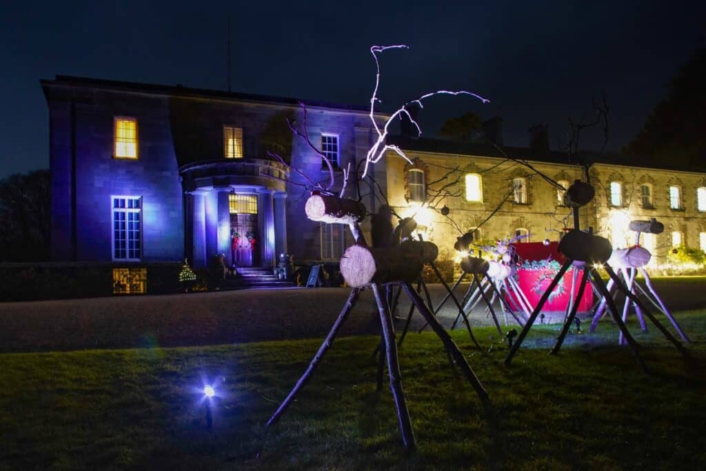 Reindeer crafted out of wood in the garden outside Arlington Court at night