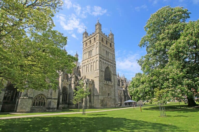 A view of Exeter Cathedral, Devon, on a sunny day
