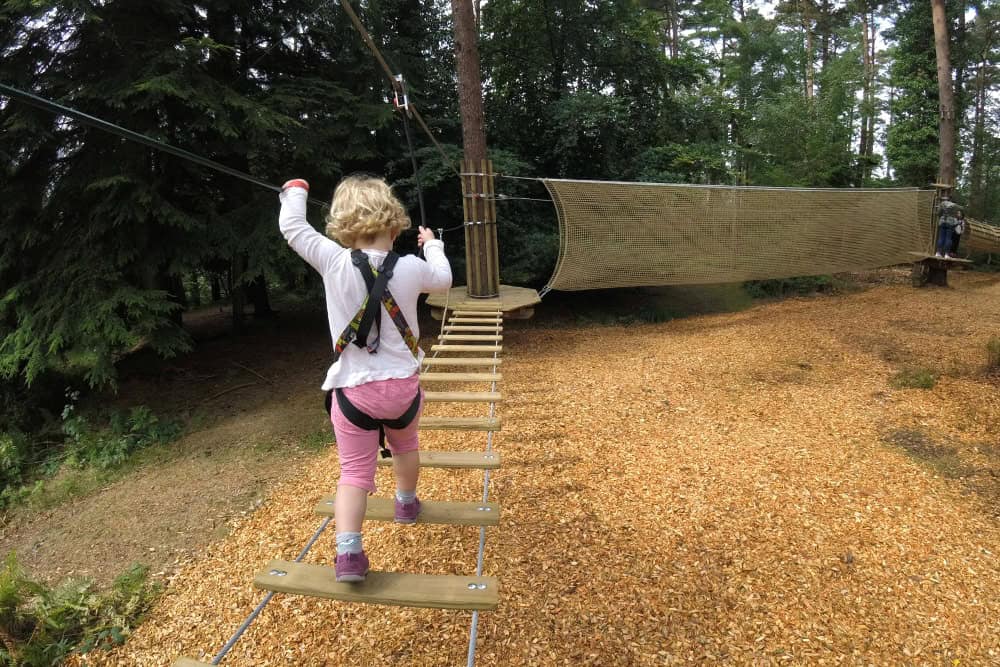 Child on low ropes course at Go Ape at Haldon Forest near Exeter