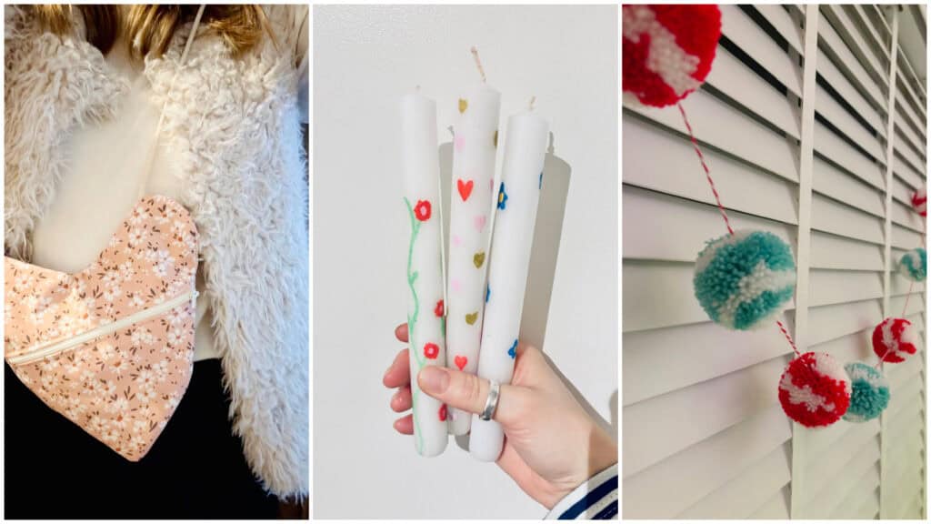 Examples of crafts that can be made with Pom Stitch Tassel including a heart handbag, decorated candles and a pom pom garland