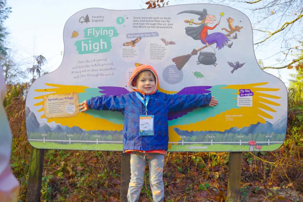 A boy wearing winter clothes spreading out his arms against an activity board in the forest