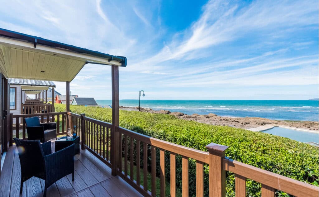 A holiday home terrace overlooking the beach at Westward Ho!