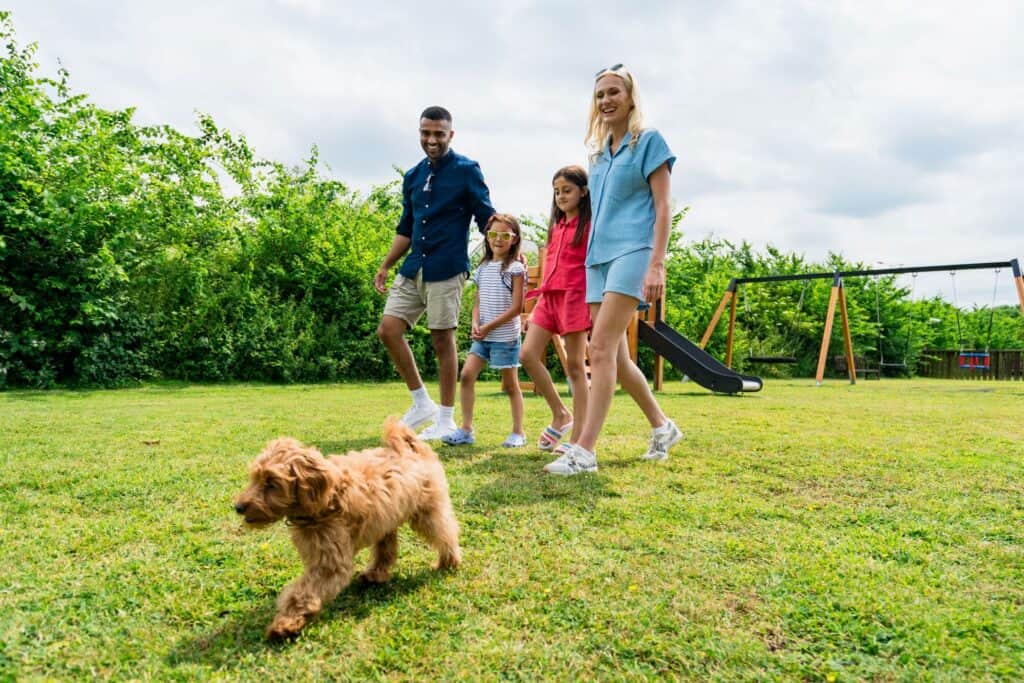 Family and dog at holiday park in Devon