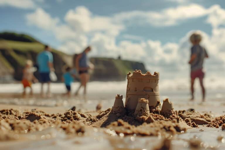 Sand castle in the foreground. Blurred behind is a family playing on a beach