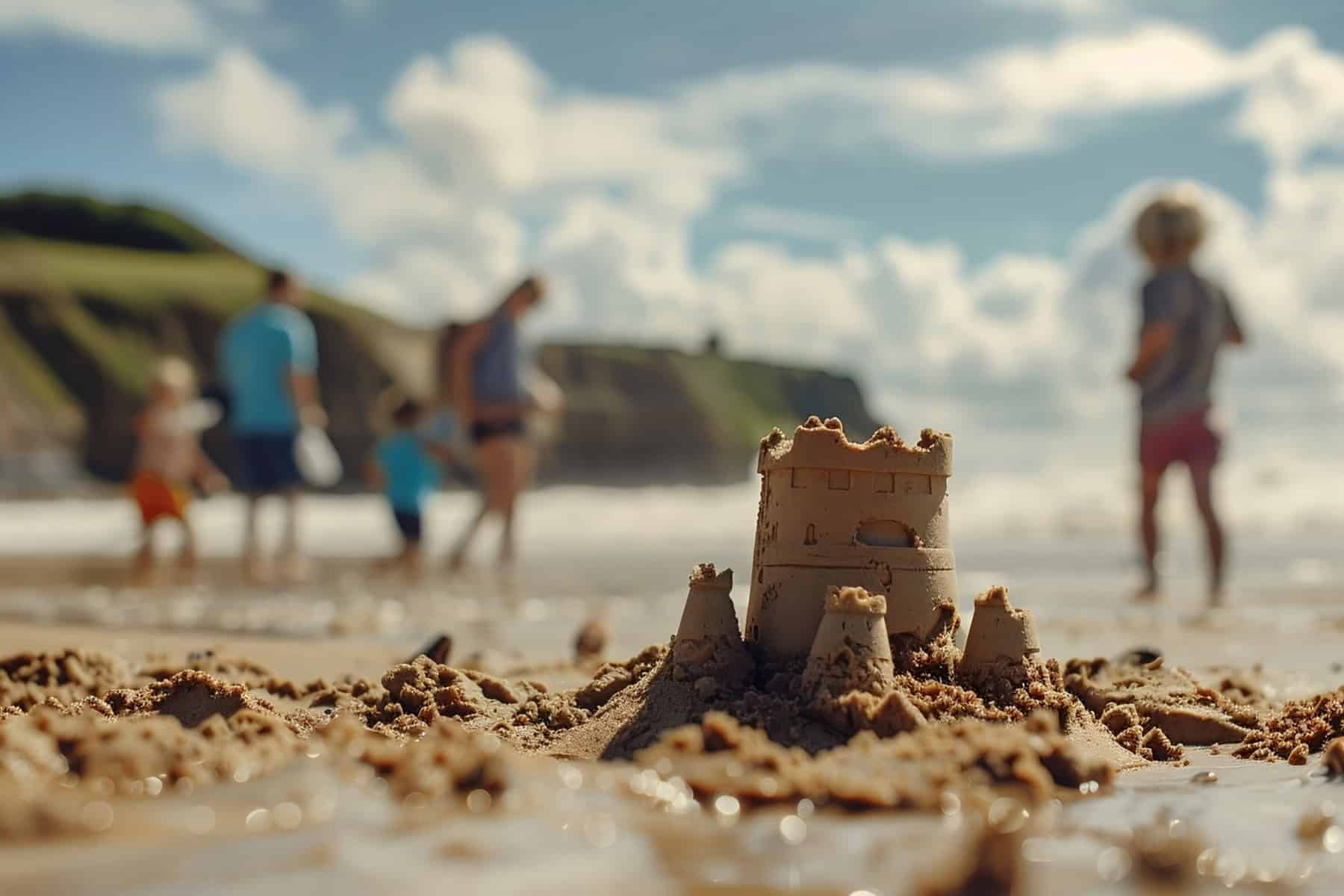Sand castle in the foreground. Blurred behind is a family playing on a beach