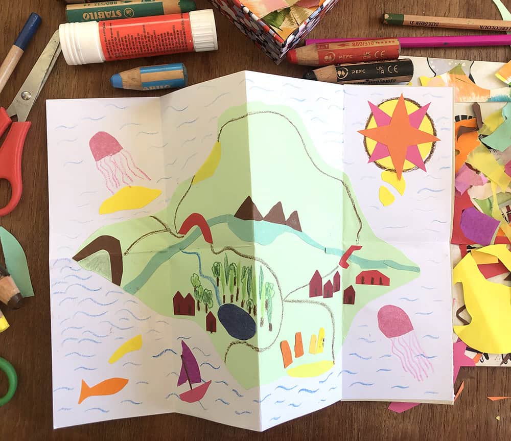 A hand drawn and coloured map of an island