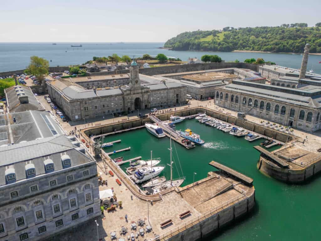 An aerial view of Royal William Yard in Plymouth - an old naval dock and yard 