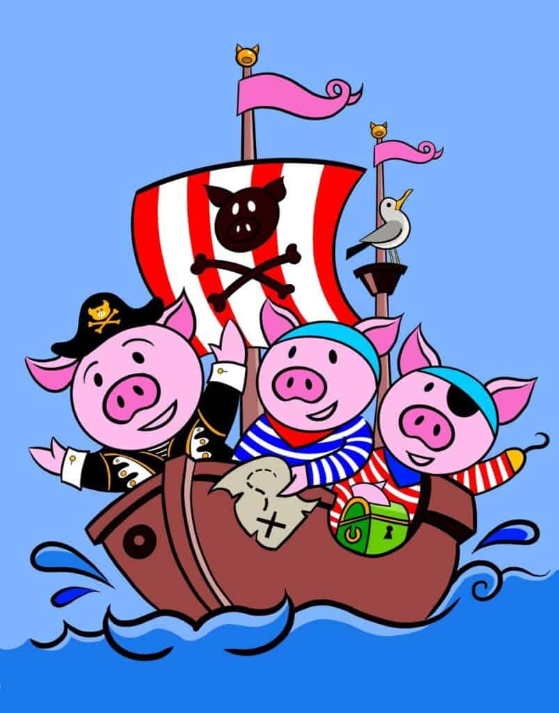 Graphic of three little pirate pigs on a pirate ship