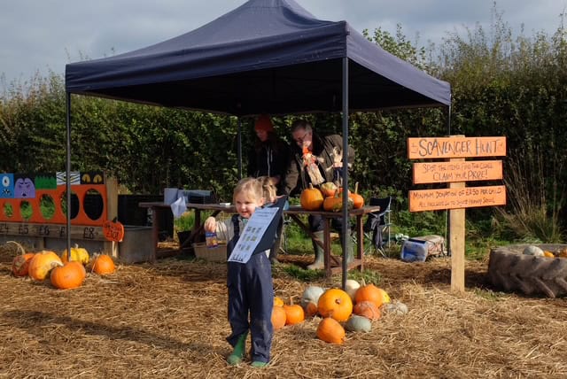 Young child holding pumpkin and scavenger hunt