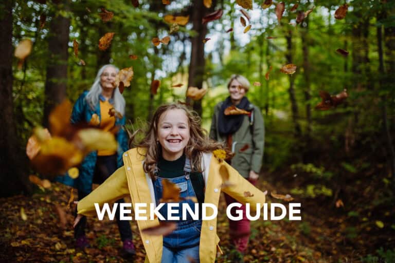 Weekend guide cover image for autumn - family enjoying a walk in the woods