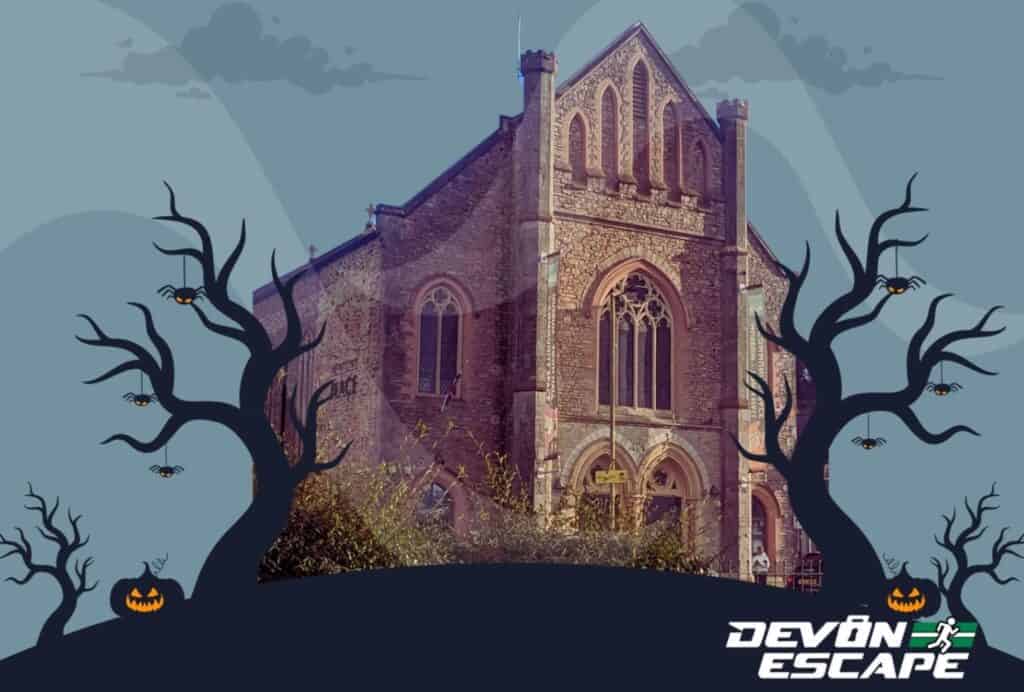Halloween event graphic showing a haunted house